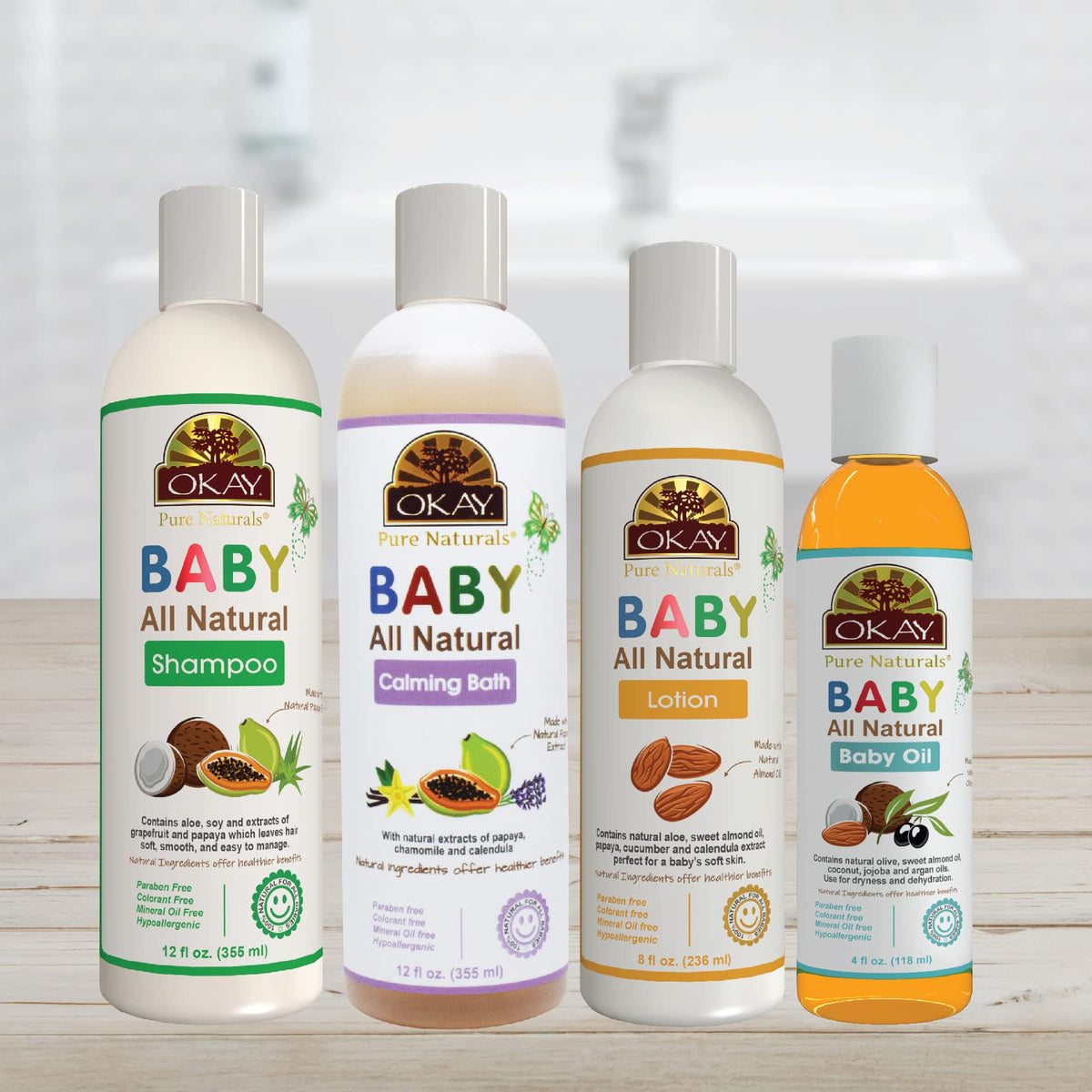 OKAY All Natural Baby Gift Set – 4Pc Baby Care Kit with Shampoo, Calming Bath Wash, Lotion & Oil – Gentle Moisturizing Skin & Hair Care for Newborns & Sensitive Skin
