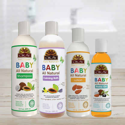 OKAY All Natural Baby Gift Set – 4Pc Baby Care Kit with Shampoo, Calming Bath Wash, Lotion & Oil – Gentle Moisturizing Skin & Hair Care for Newborns & Sensitive Skin