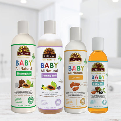 OKAY All Natural Baby Gift Set – 4Pc Baby Care Kit with Shampoo, Calming Bath Wash, Lotion & Oil – Gentle Moisturizing Skin & Hair Care for Newborns & Sensitive Skin