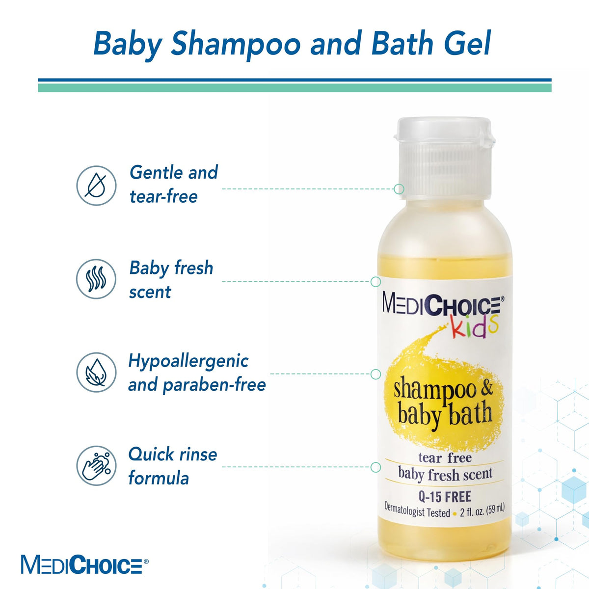 MediChoice Baby Shampoo and Bath Gel 2 Oz Travel Size, Case of 144, Tear Free, Fresh Scent Quick Rinse Body Wash - Paraben Free Gentle Cleanser