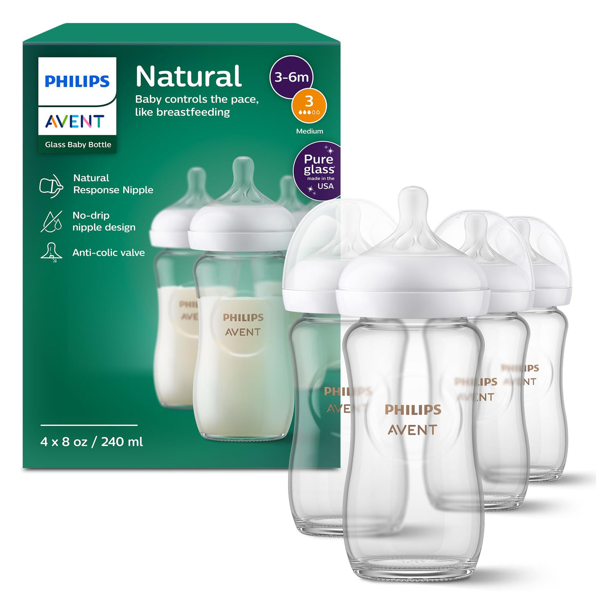 Natural Glass Baby Bottle With Responsive Flow Nipple