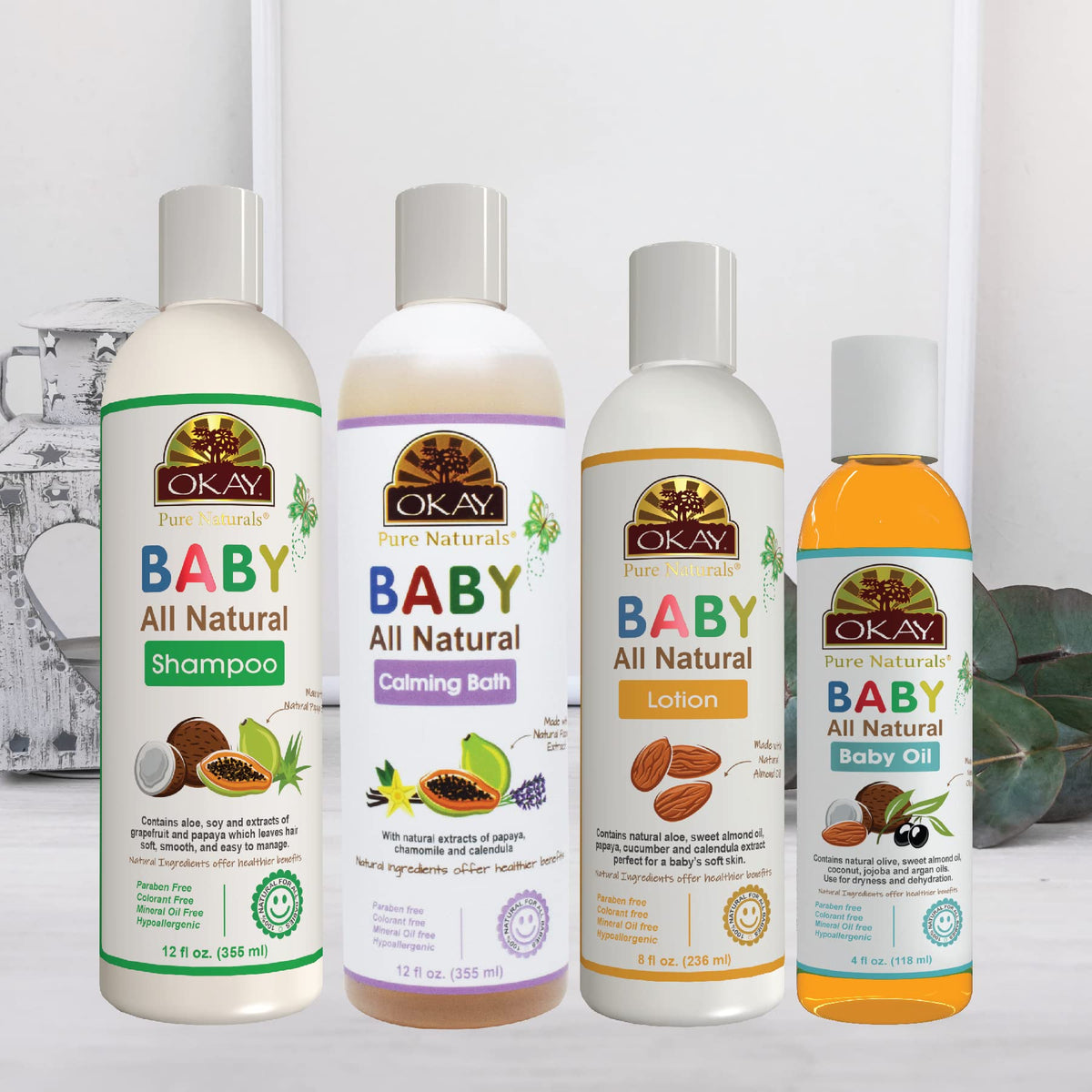 OKAY All Natural Baby Gift Set – 4Pc Baby Care Kit with Shampoo, Calming Bath Wash, Lotion & Oil – Gentle Moisturizing Skin & Hair Care for Newborns & Sensitive Skin